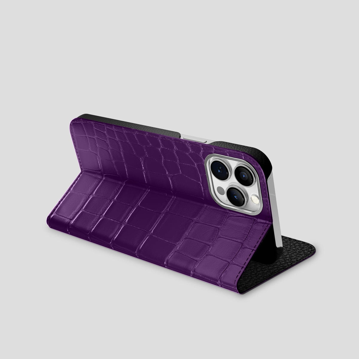 Purple iPhone 15 Pro Max Folio Stand Alligator with Steel Metal -3 | Purple-Steel