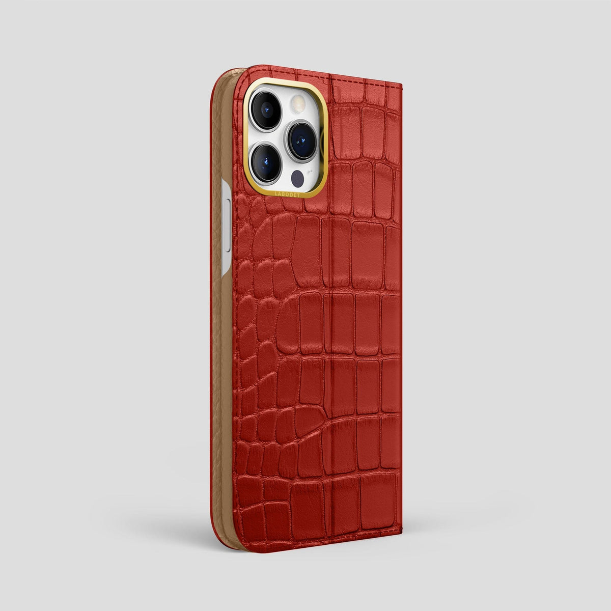 Red iPhone 15 Pro Max Folio Stand Alligator with Gold Metal -1 | Red-Gold