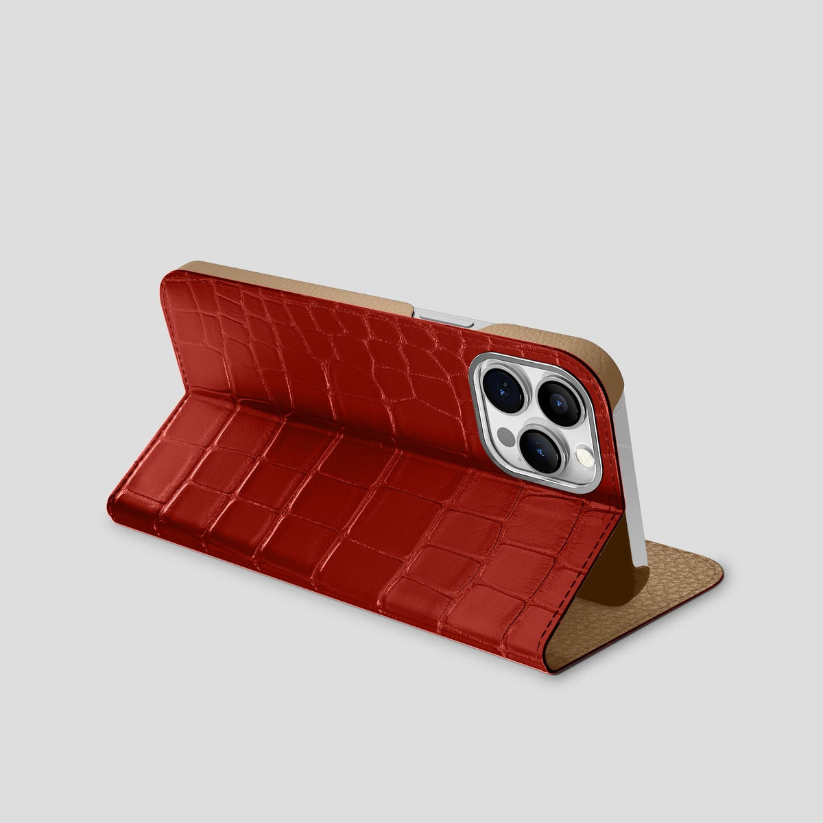Red iPhone 15 Pro Max Folio Stand Alligator with Steel Metal -3 | Red-Steel