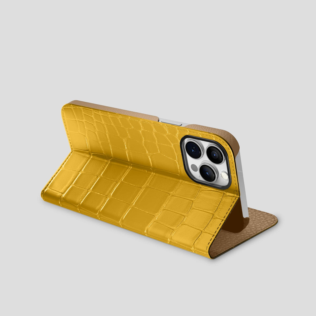 Yellow iPhone 15 Pro Max Folio Stand Alligator with Black Metal -3 | Yellow-Black