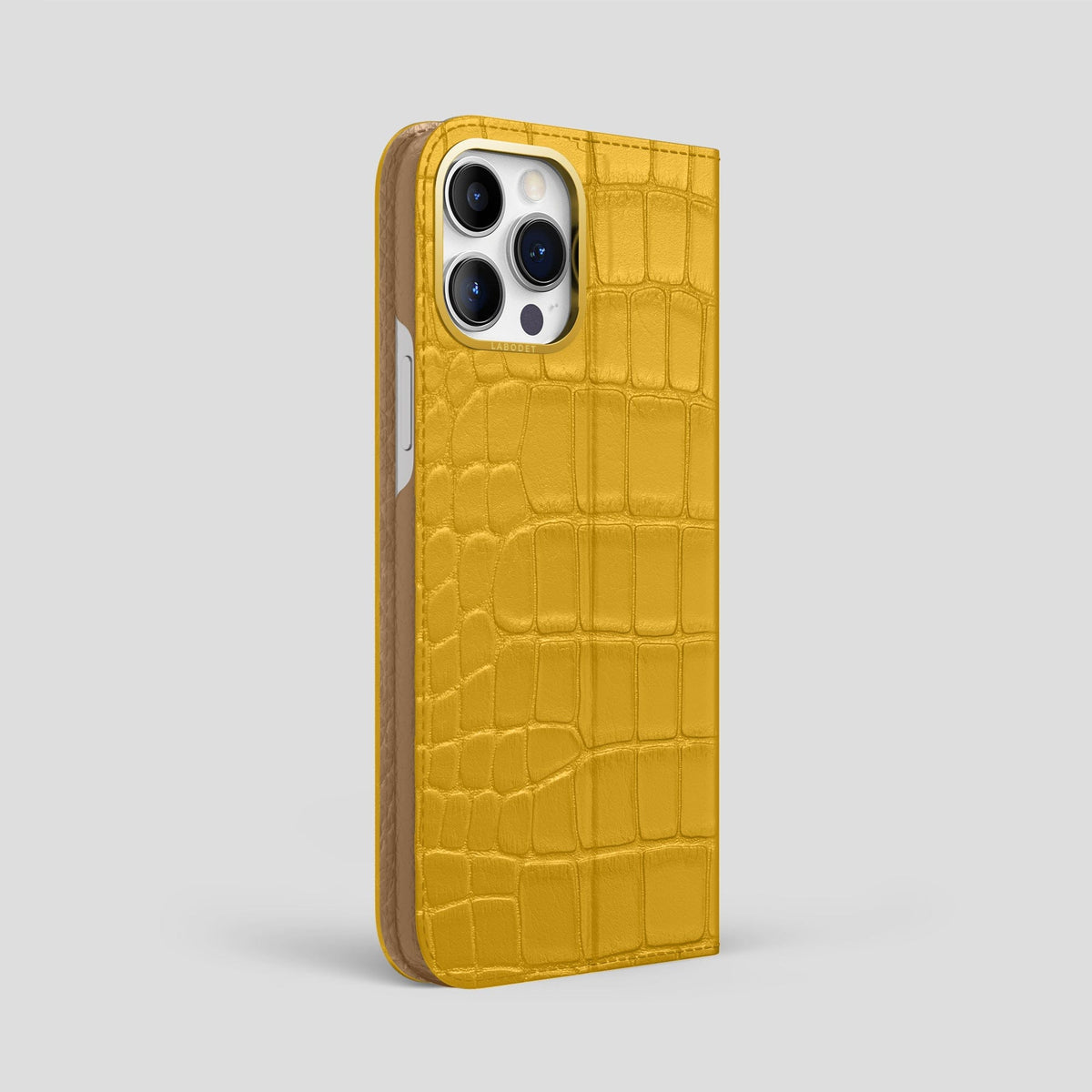 Yellow iPhone 15 Pro Max Folio Stand Alligator with Gold Metal -1 | Yellow-Gold