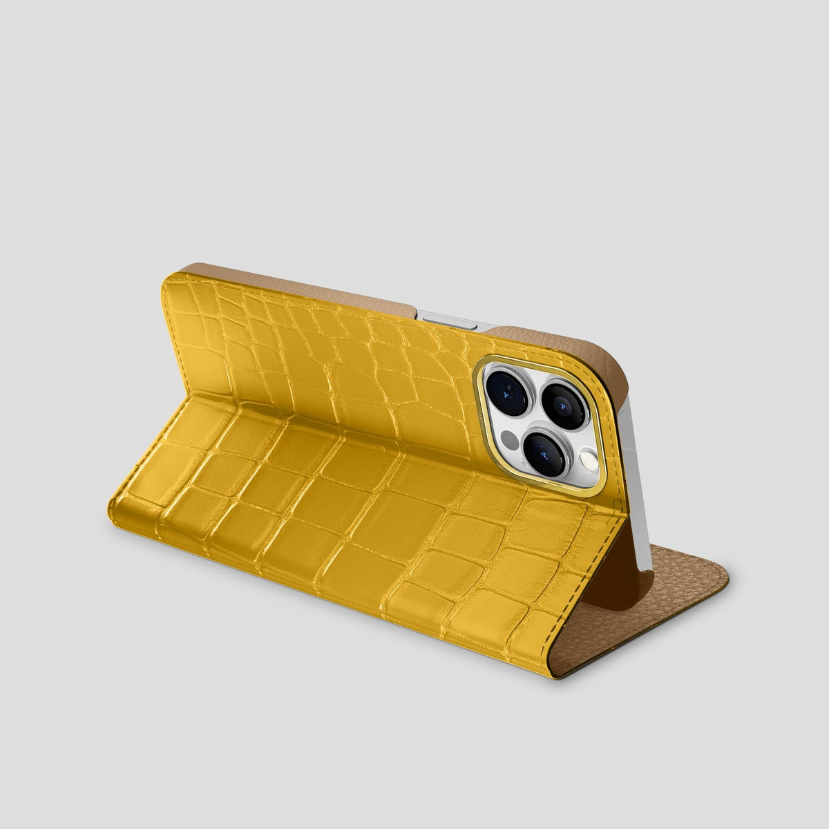 Yellow iPhone 15 Pro Max Folio Stand Alligator with Gold Metal -3 | Yellow-Gold