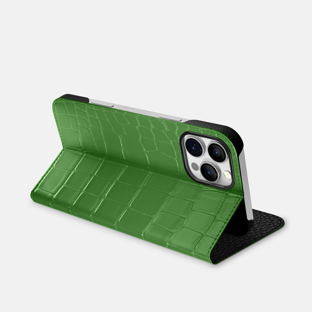 Apple-Green iPhone 16 Pro Folio Case Alligator with Black Metal -3 | Apple-Green-Black