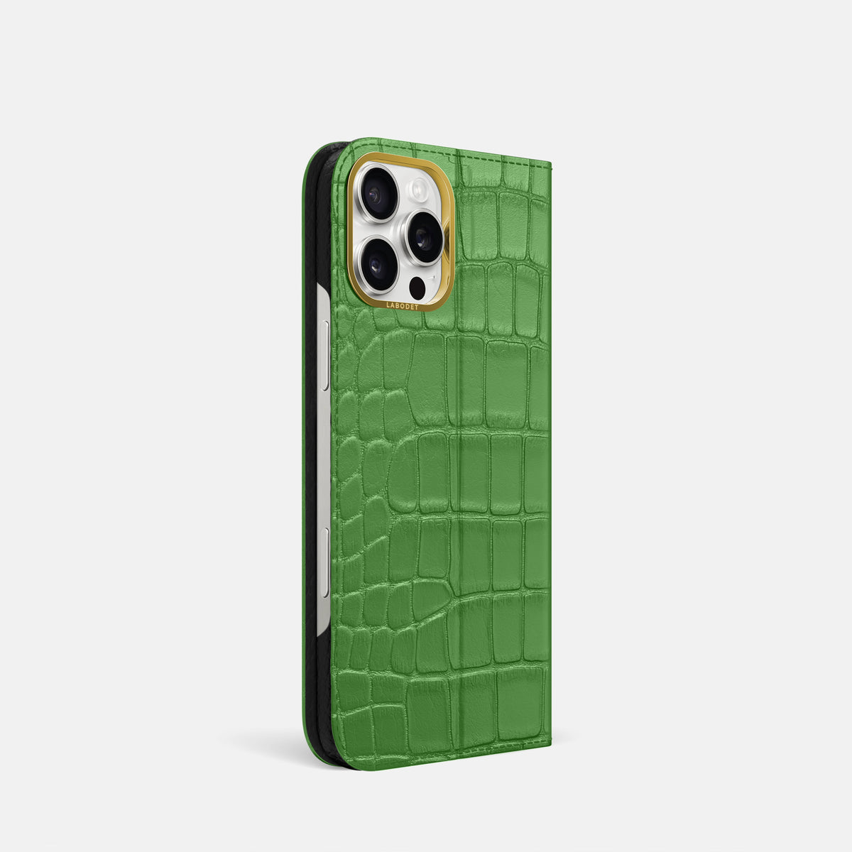 Apple-Green iPhone 16 Pro Folio Case In Alligator with Gold Metal -1 | Apple-Green-Gold