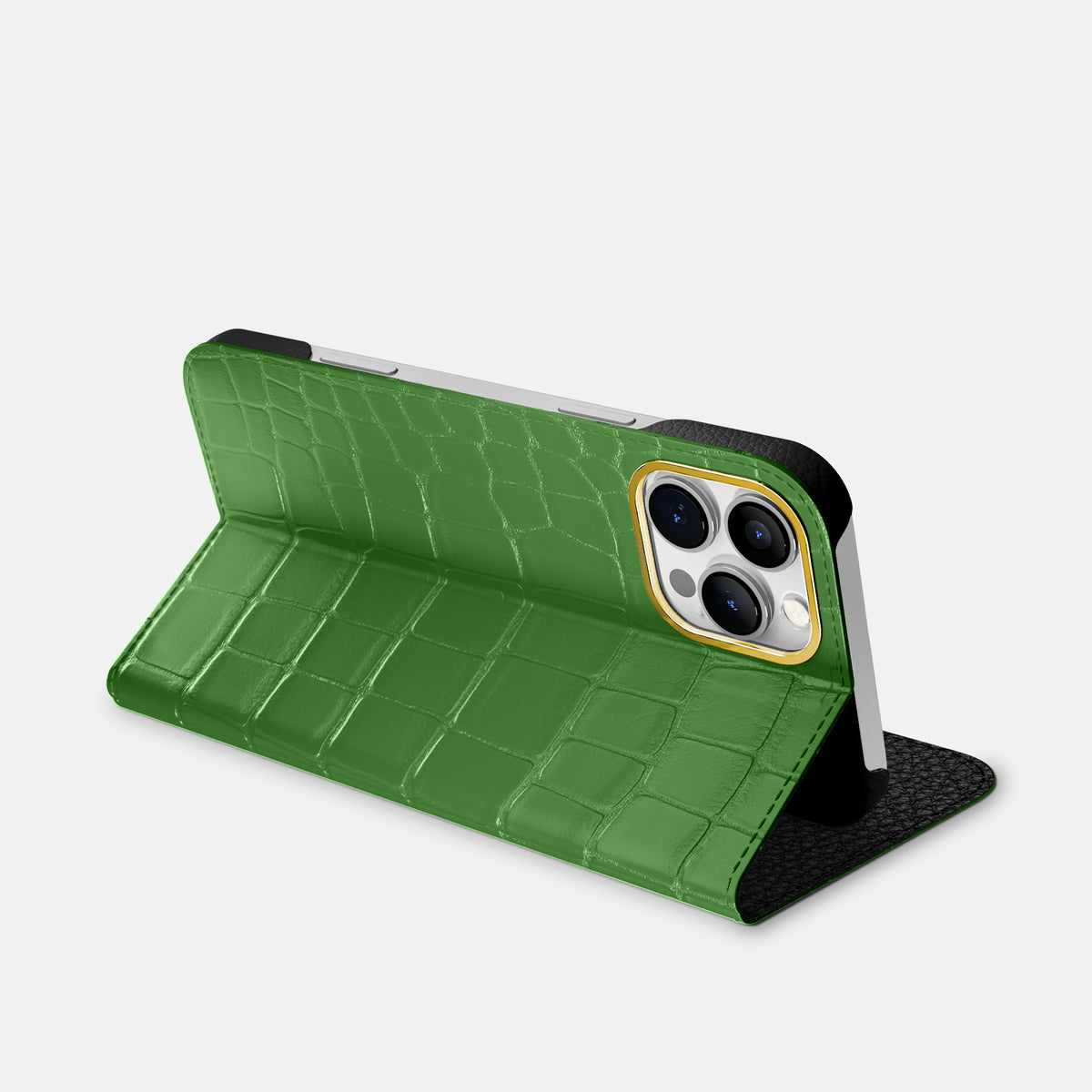 Apple-Green iPhone 16 Pro Folio Case In Alligator with Gold Metal -3 | Apple-Green-Gold