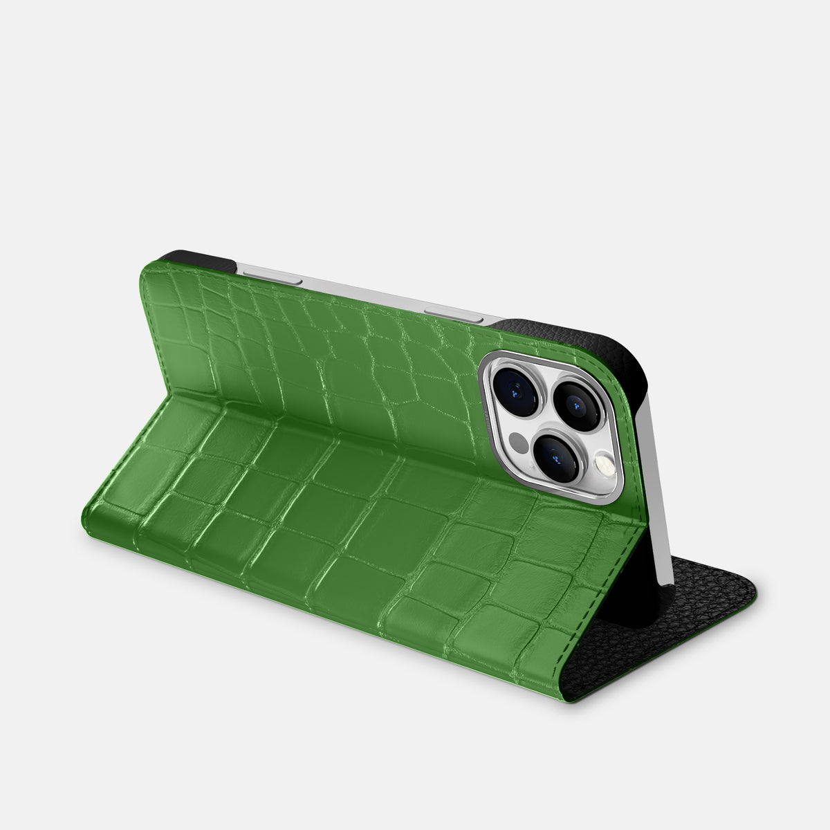 Apple-Green iPhone 16 Pro Folio Case Alligator with Steel Metal -3 | Apple-Green-Steel