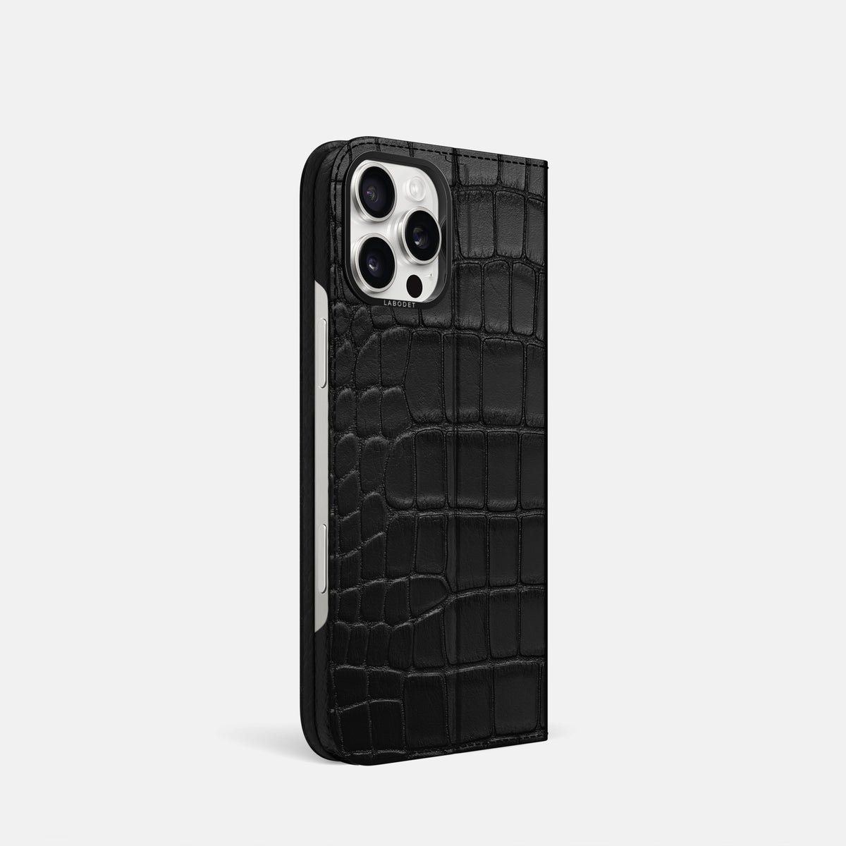 Black iPhone 16 Pro Folio Case Alligator with Black Metal -1 | Black-Black
