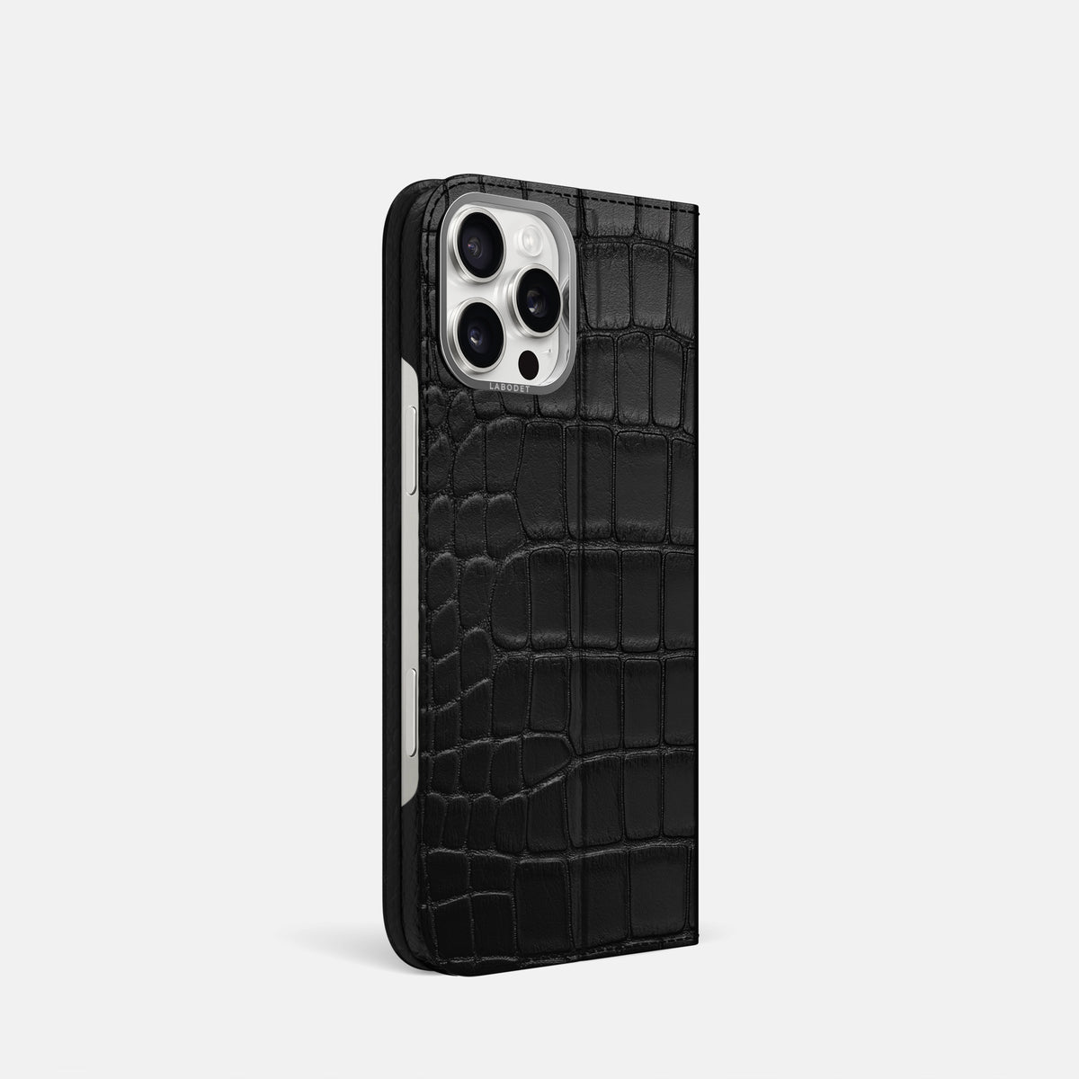 Black iPhone 16 Pro Folio Case Alligator with Steel Metal -1 | Black-Steel