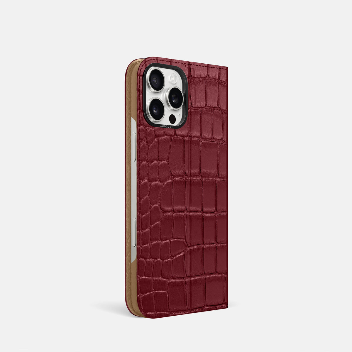 Burgundy iPhone 16 Pro Folio Case Alligator with Black Metal -1 | Burgundy-Black