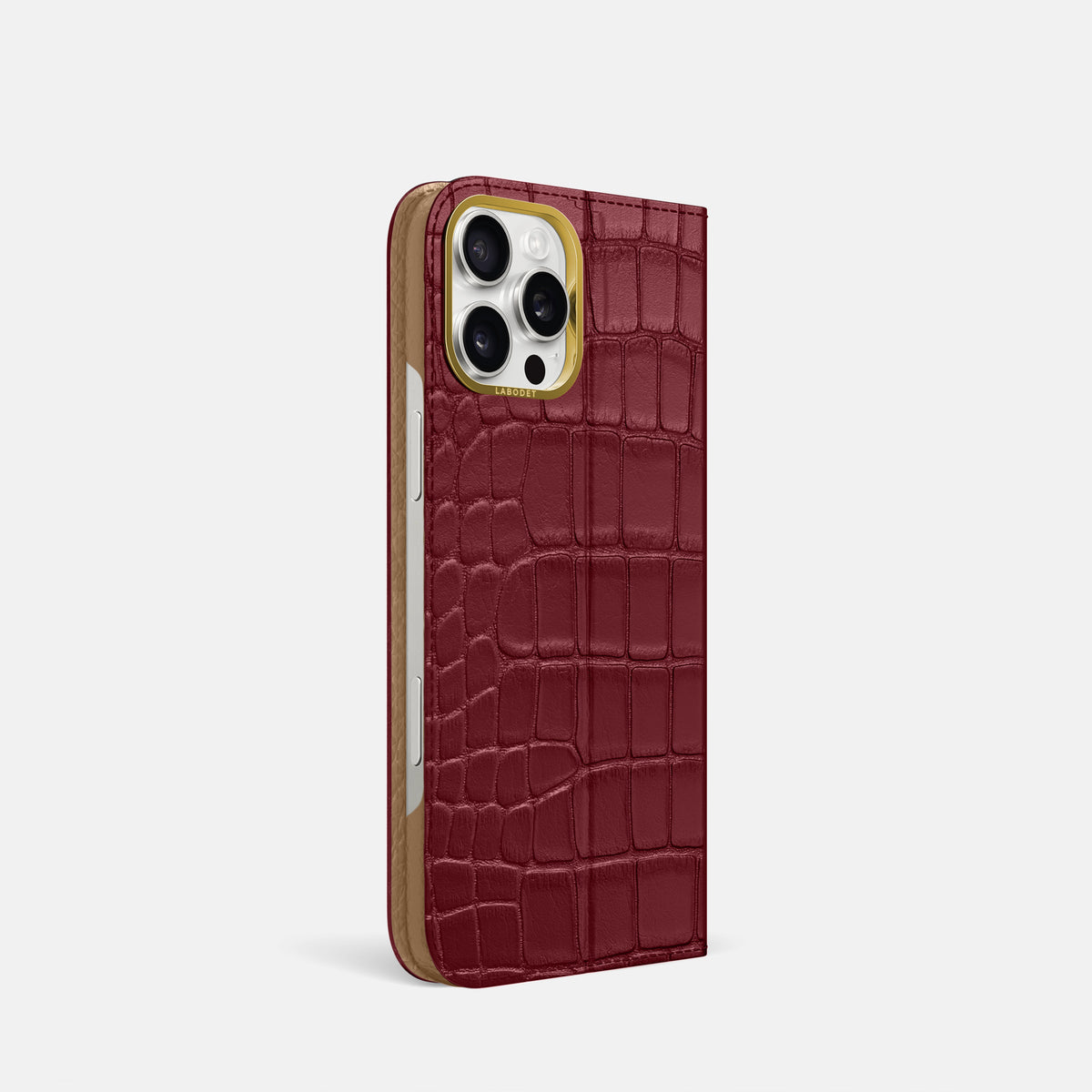 Burgundy iPhone 16 Pro Folio Case In Alligator with Gold Metal -1 | Burgundy-Gold