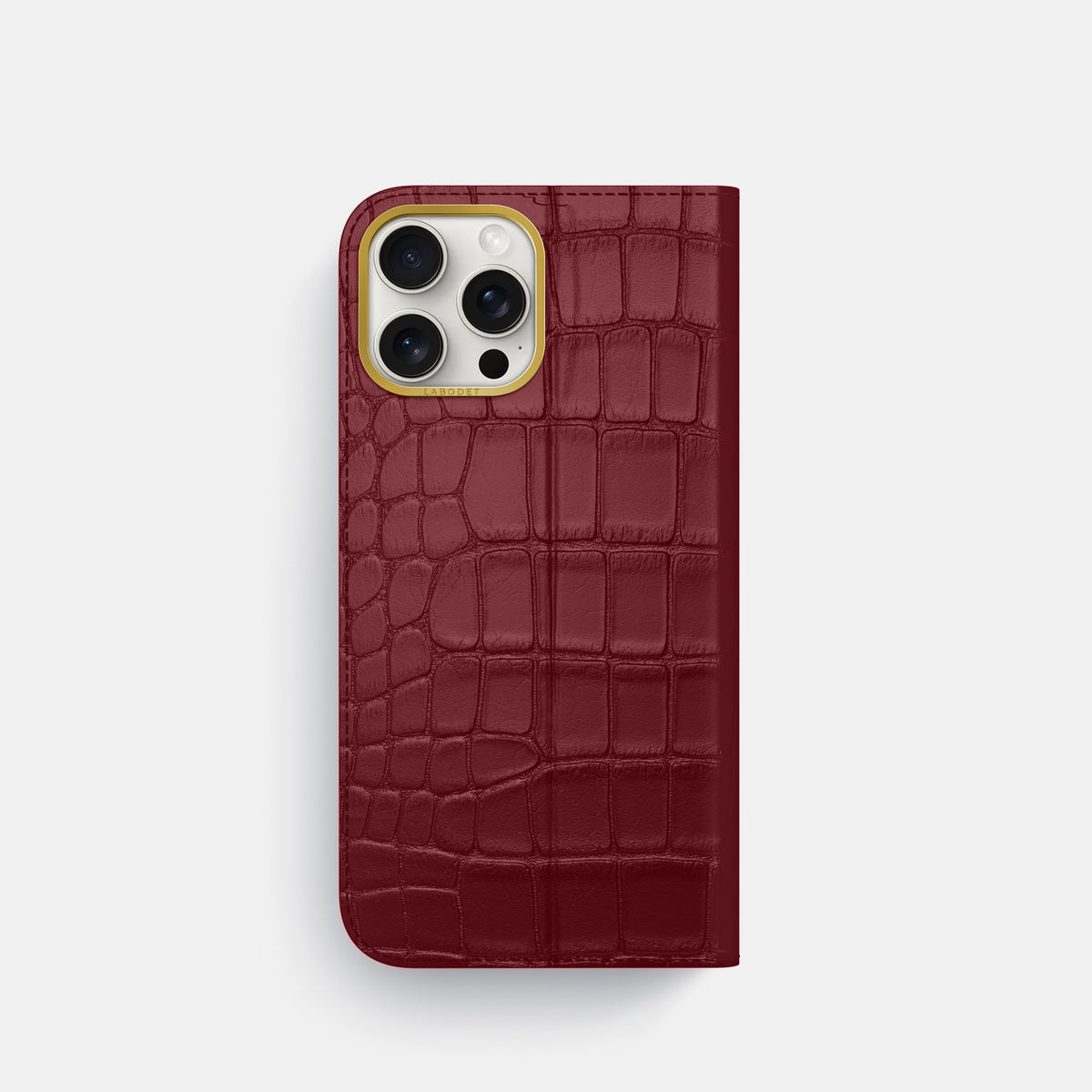 Burgundy iPhone 16 Pro Folio Case In Alligator with Gold Metal -5 | Burgundy-Gold
