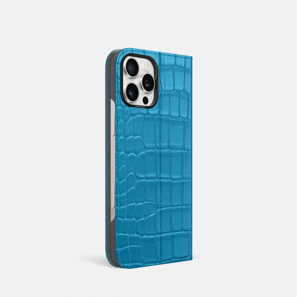 Curaçao-Blue iPhone 16 Pro Folio Case Alligator with Black Metal -1 | Curaçao-Blue-Black