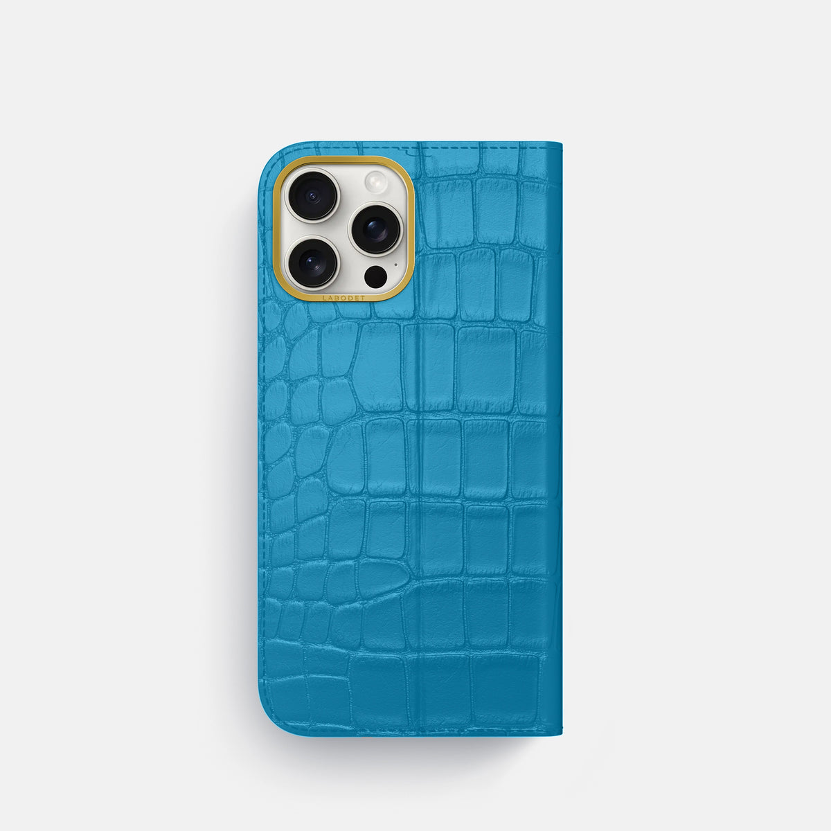 Curaçao-Blue iPhone 16 Pro Folio Case In Alligator with Gold Metal -5 | Curaçao-Blue-Gold