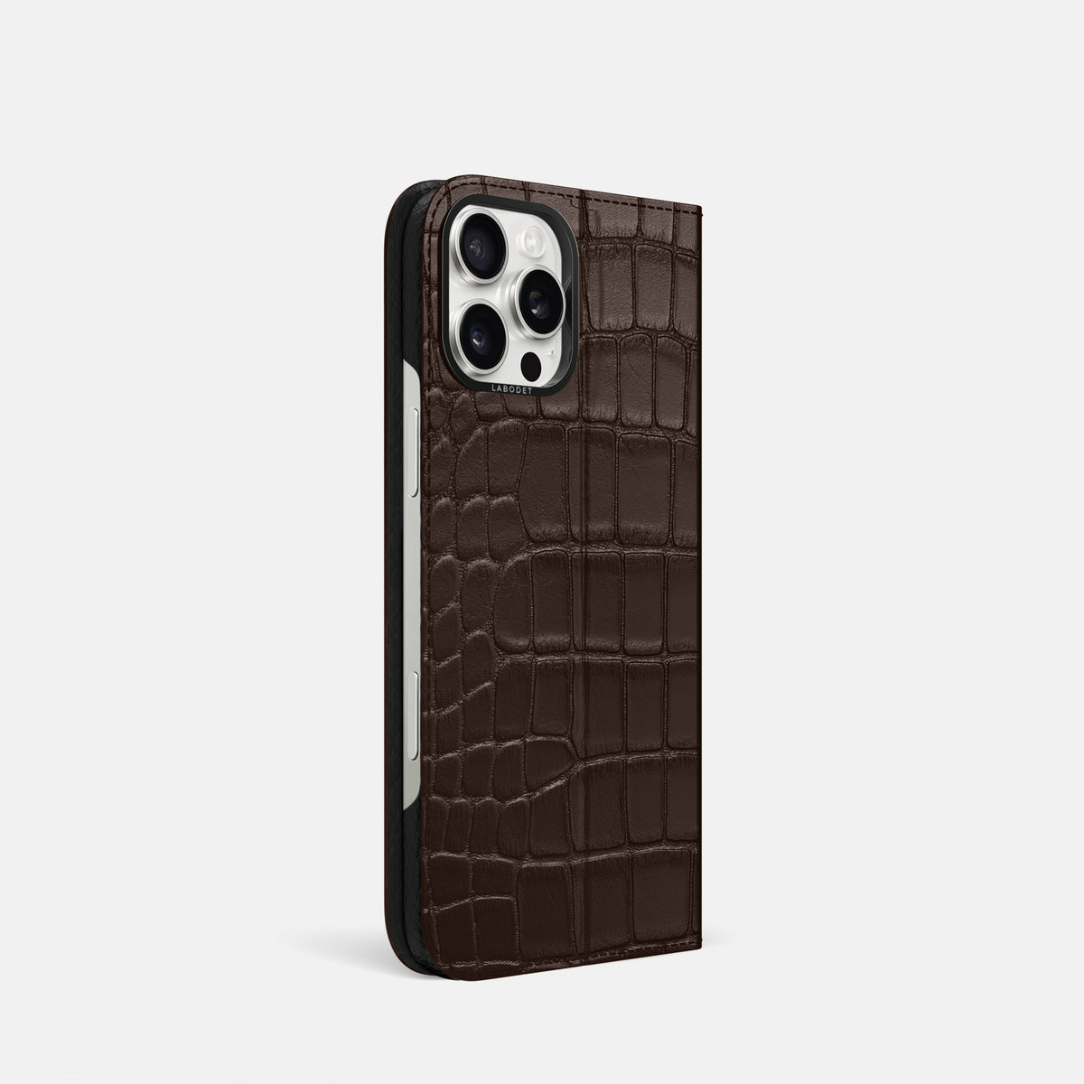 Dark-Brown iPhone 16 Pro Folio Case Alligator with Black Metal -1 | Dark-Brown-Black
