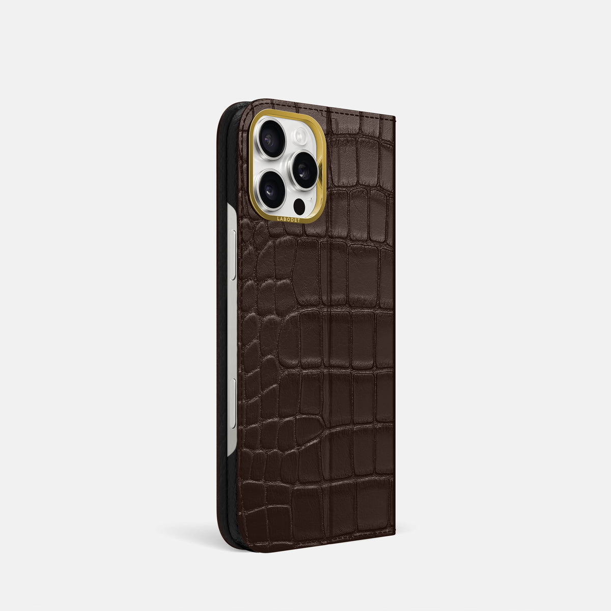 Dark-Brown iPhone 16 Pro Folio Case In Alligator with Gold Metal -1 | Dark-Brown-Gold