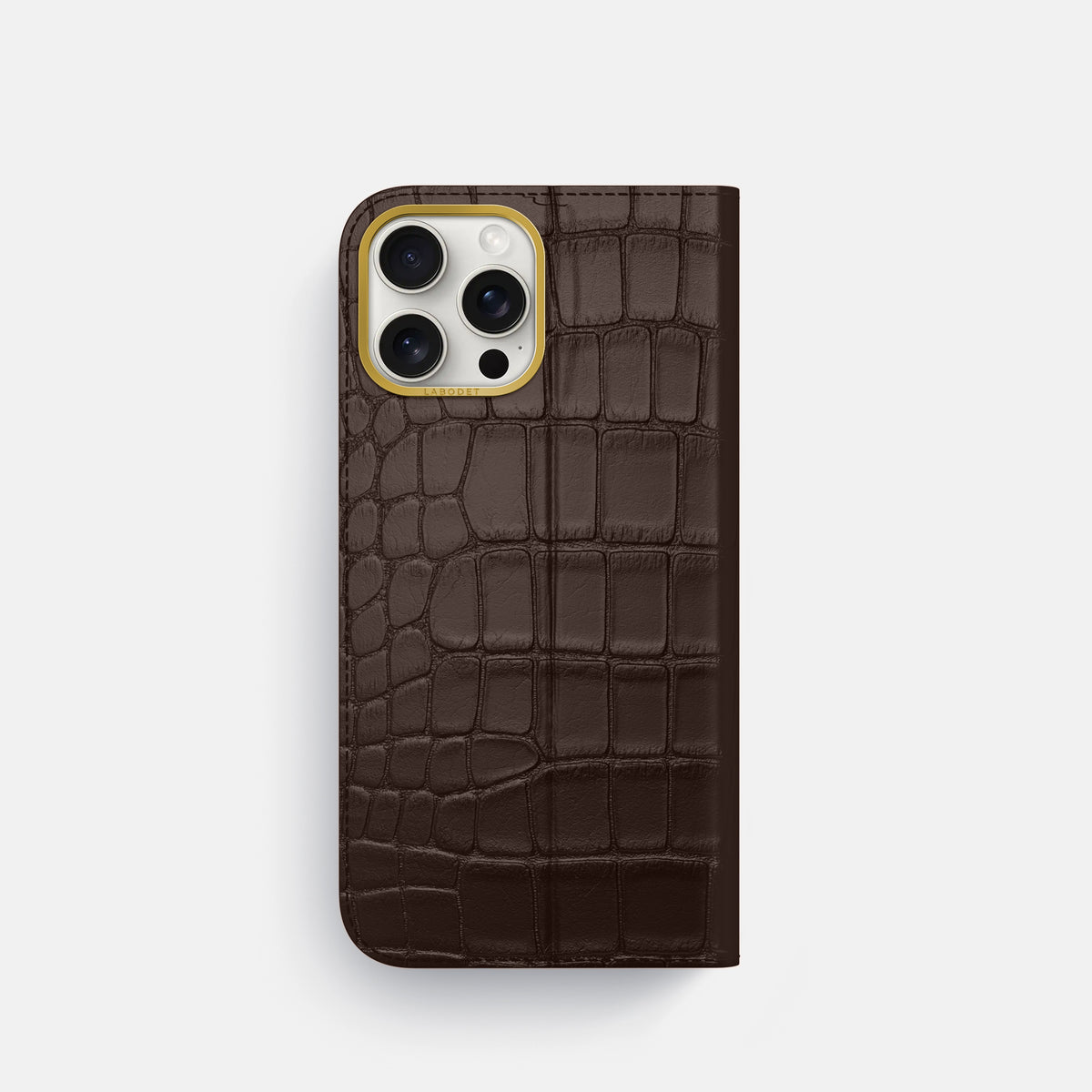 Dark-Brown iPhone 16 Pro Folio Case In Alligator with Gold Metal -5 | Dark-Brown-Gold