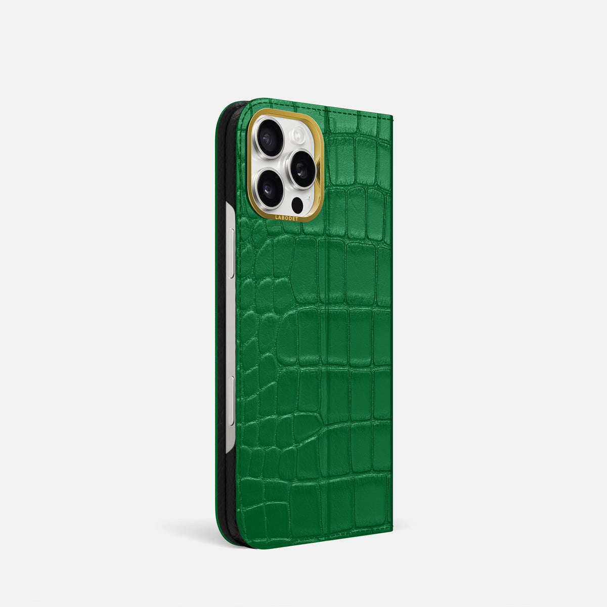 Forest-Green iPhone 16 Pro Folio Case In Alligator with Gold Metal -1 | Forest-Green-Gold