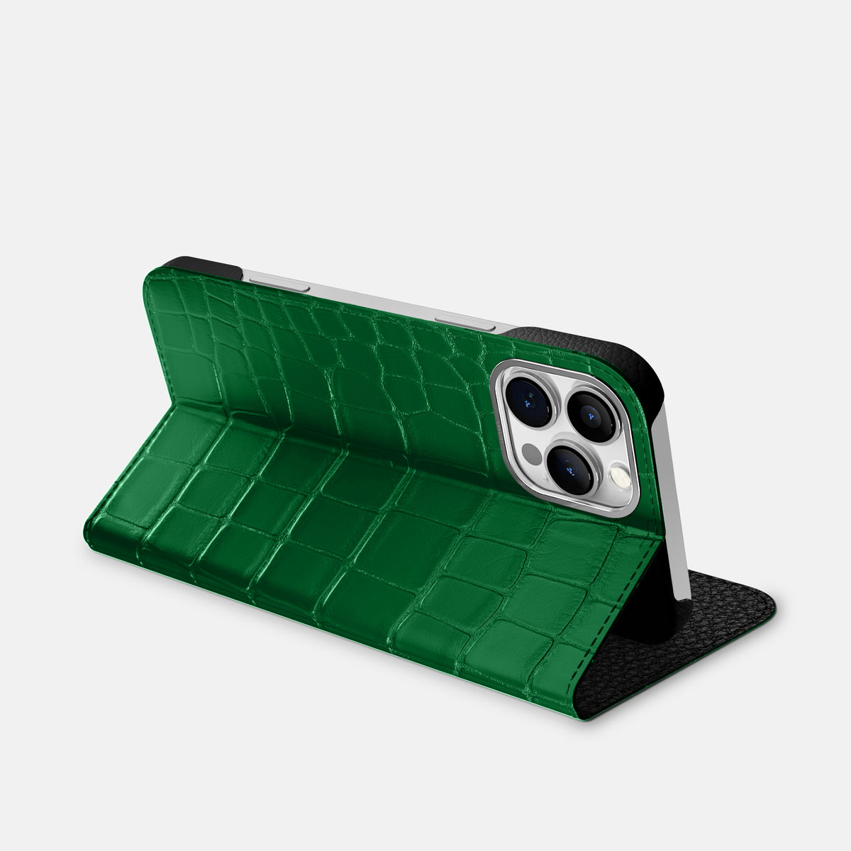 Forest-Green iPhone 16 Pro Folio Case In Alligator with Steel Metal -3 | Forest-Green-Steel