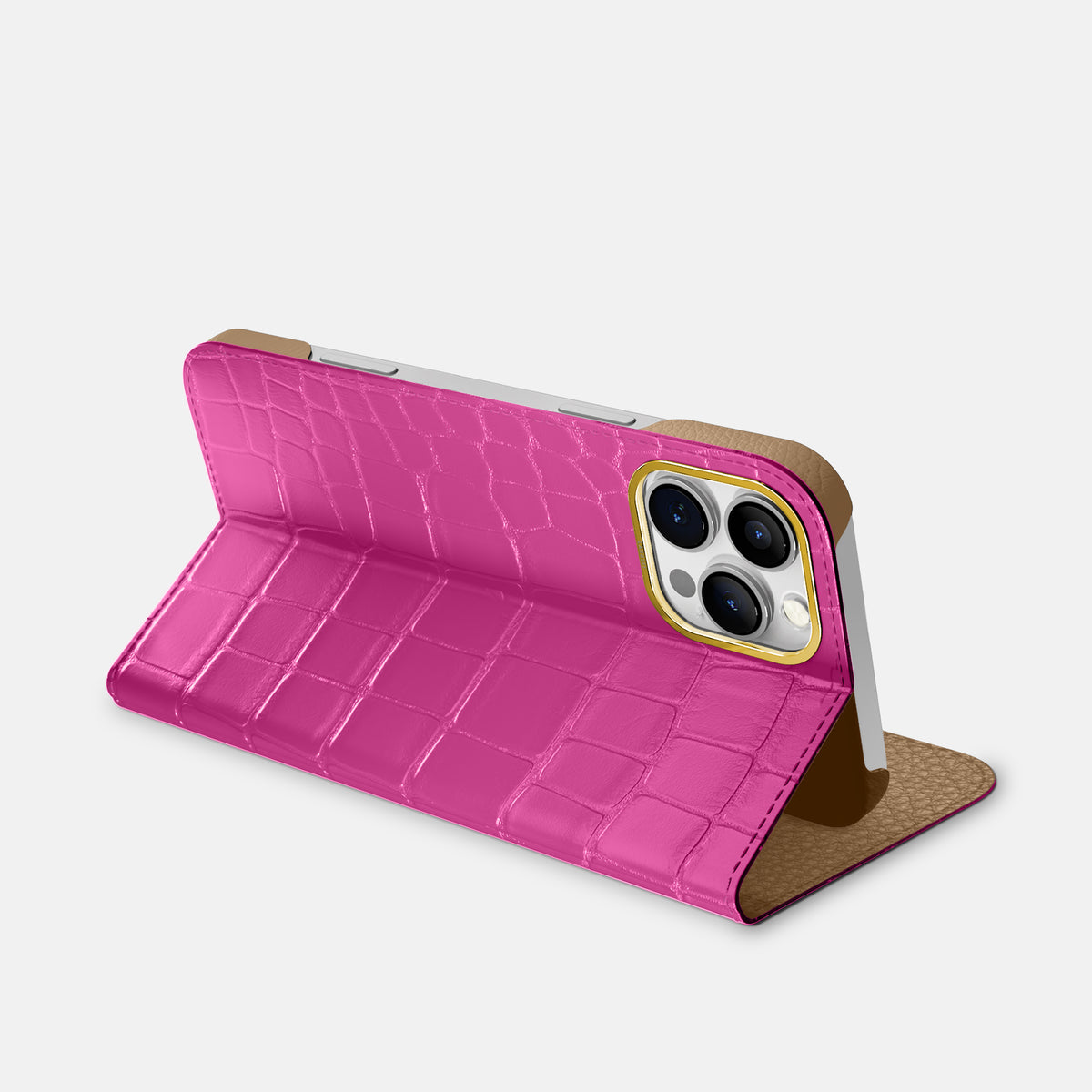 Fuchsia iPhone 16 Pro Folio Case In Alligator with Gold Metal -3 | Fuchsia-Gold
