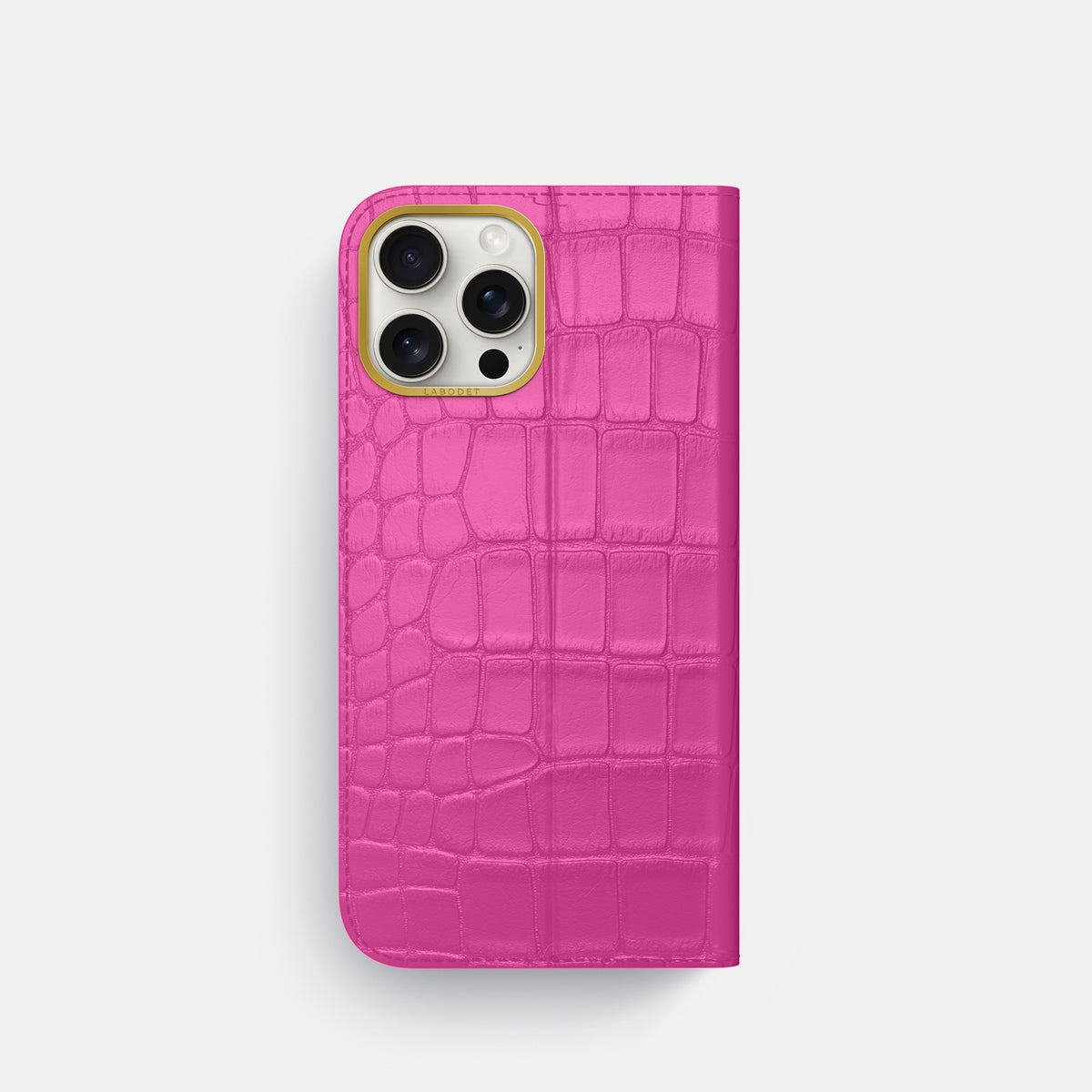 Fuchsia iPhone 16 Pro Folio Case In Alligator with Gold Metal -5 | Fuchsia-Gold