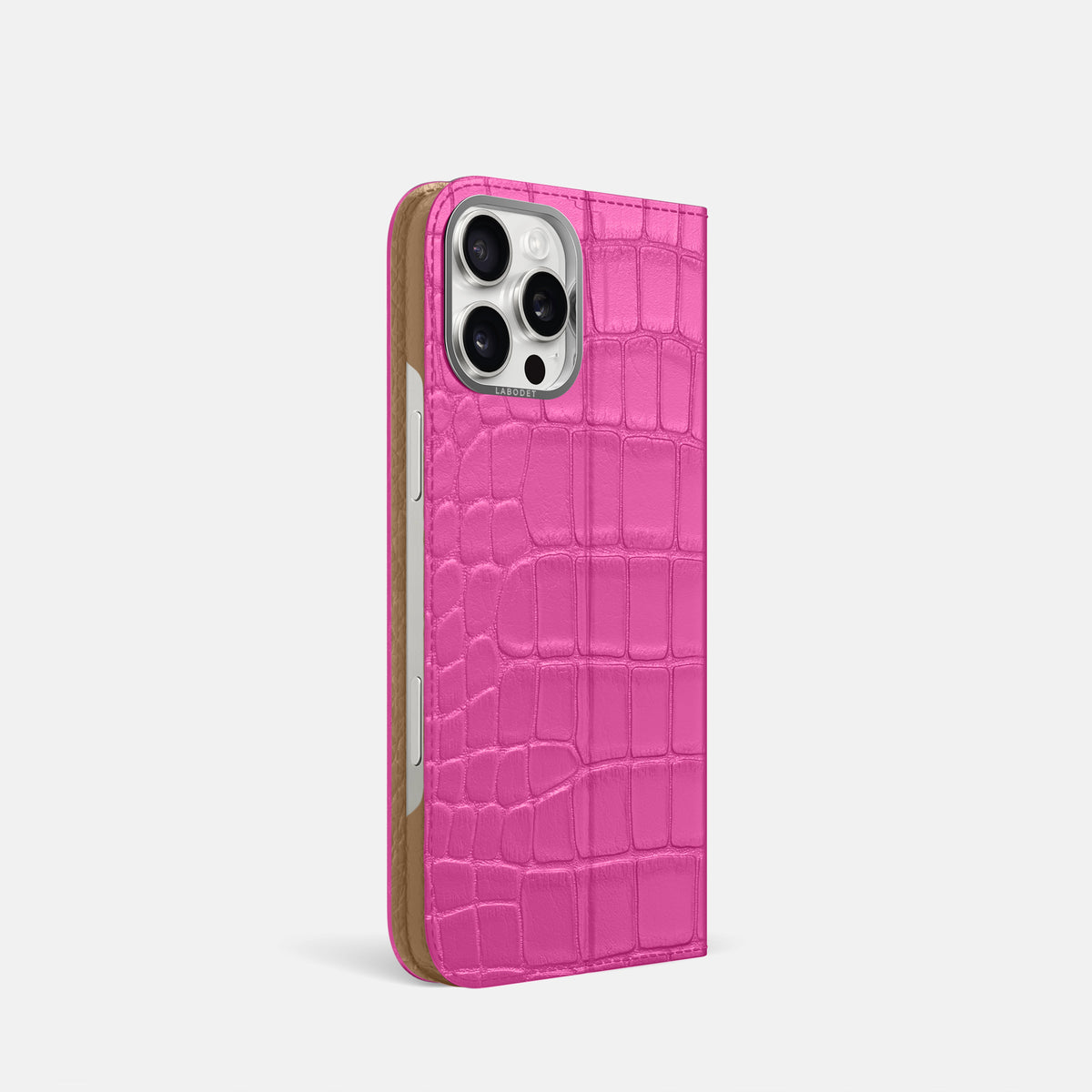 Fuchsia iPhone 16 Pro Folio Case Alligator with Steel Metal -1 | Fuchsia-Steel