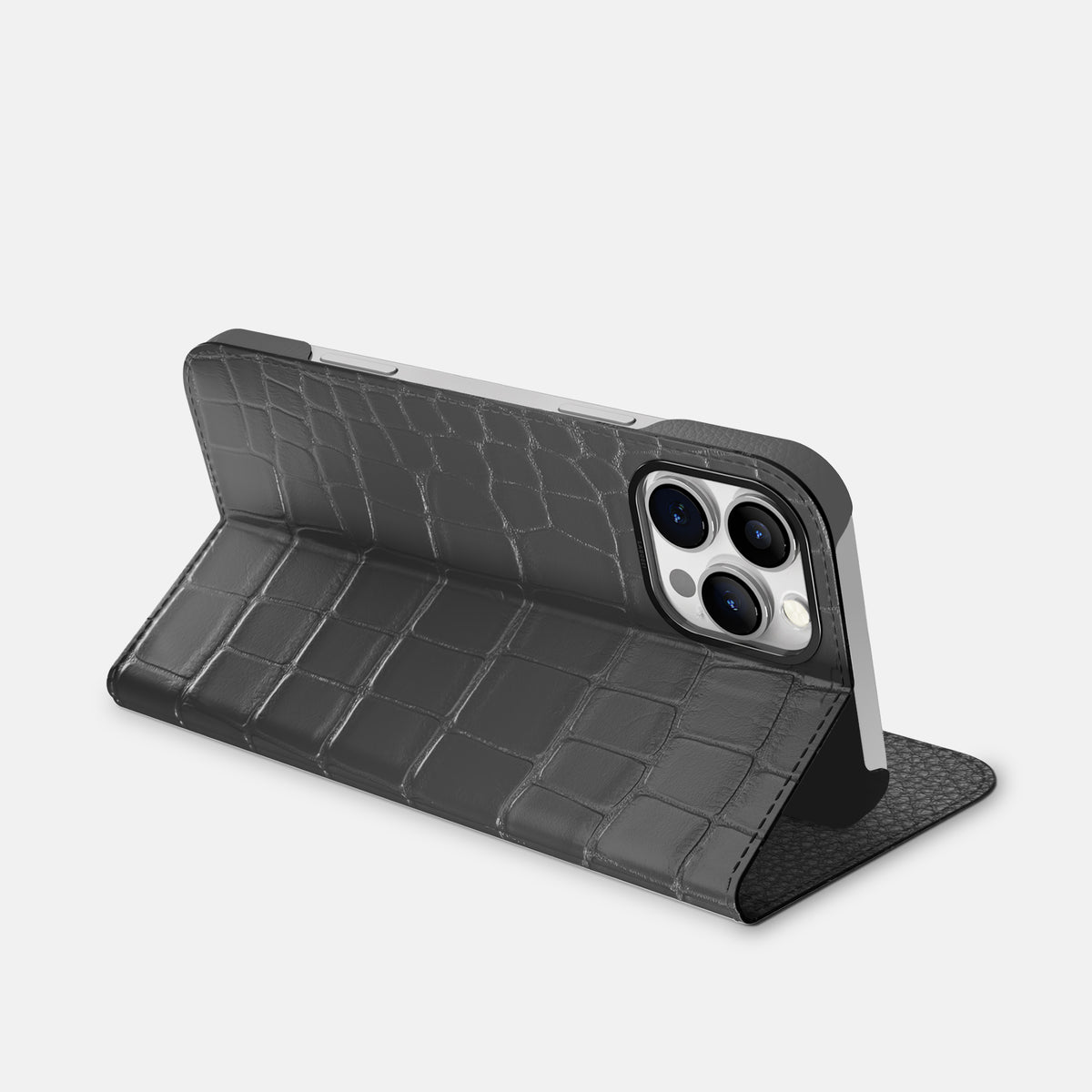 Grey iPhone 16 Pro Folio Case Alligator with Black Metal -3 | Grey-Black