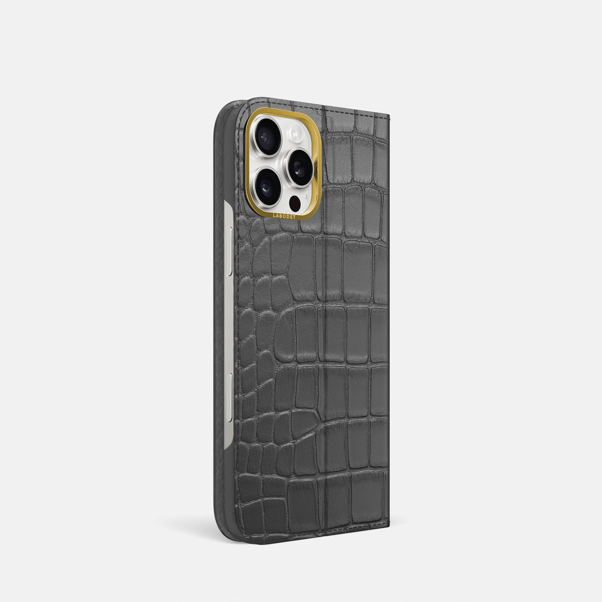Grey iPhone 16 Pro Folio Case In Alligator with Gold Metal -1 | Grey-Gold