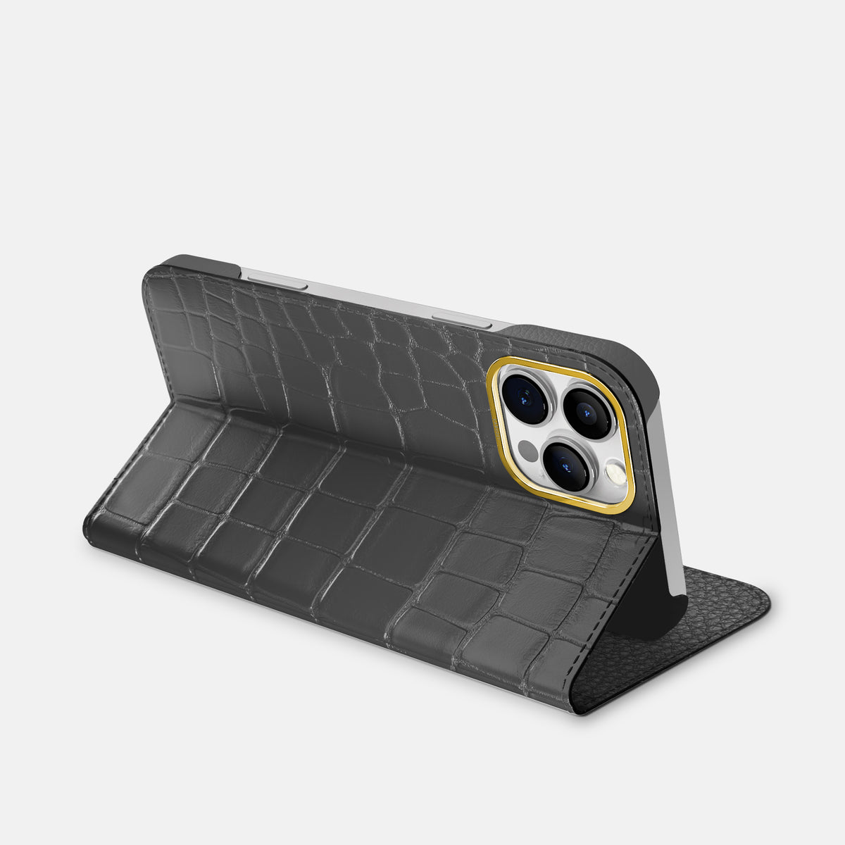 Grey iPhone 16 Pro Folio Case In Alligator with Gold Metal -3 | Grey-Gold