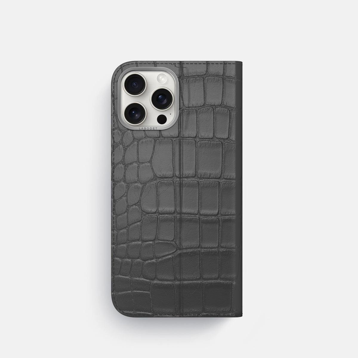 Grey iPhone 16 Pro Folio Case Alligator with Steel Metal -5 | Grey-Steel