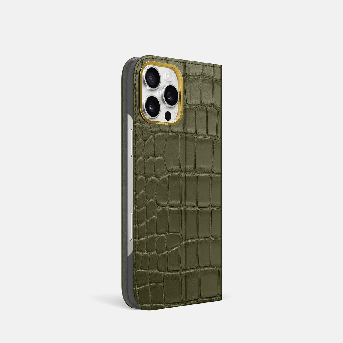 Kaki-Green iPhone 16 Pro Folio Case In Alligator with Gold Metal -1 | Kaki-Green-Gold