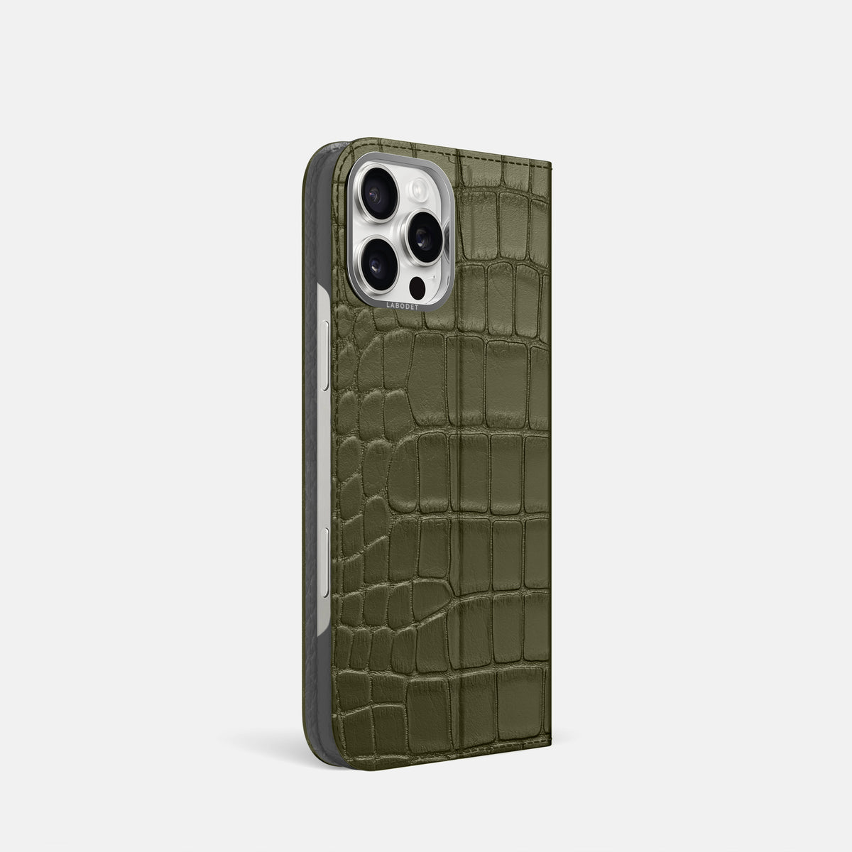 Kaki-Green iPhone 16 Pro Folio Case Alligator with Steel Metal -1 | Kaki-Green-Steel