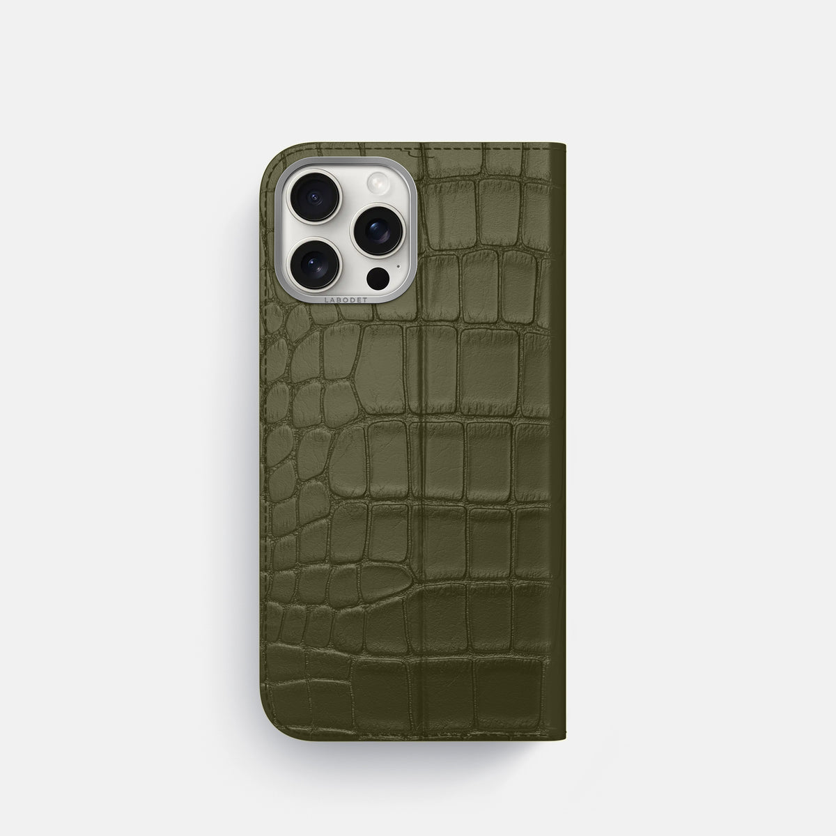 Kaki-Green iPhone 16 Pro Folio Case Alligator with Steel Metal -5 | Kaki-Green-Steel