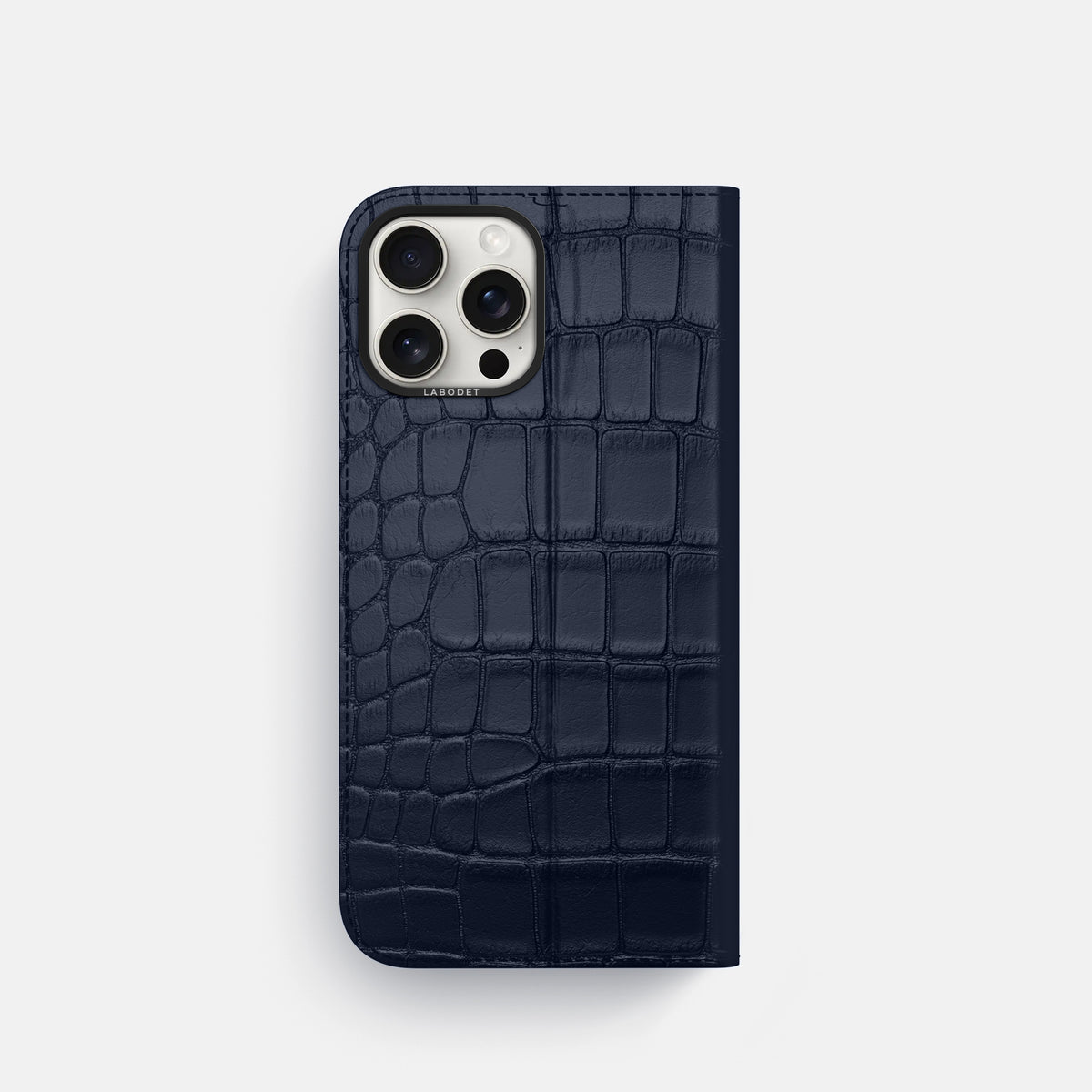 Navy Blue iPhone 16 Pro Folio Case Alligator with Black Metal -5 | Navy-Blue-Black