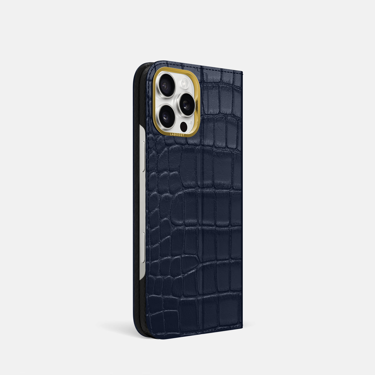 Navy Blue iPhone 16 Pro Folio Case In Alligator with Gold Metal -1 | Navy-Blue-Gold
