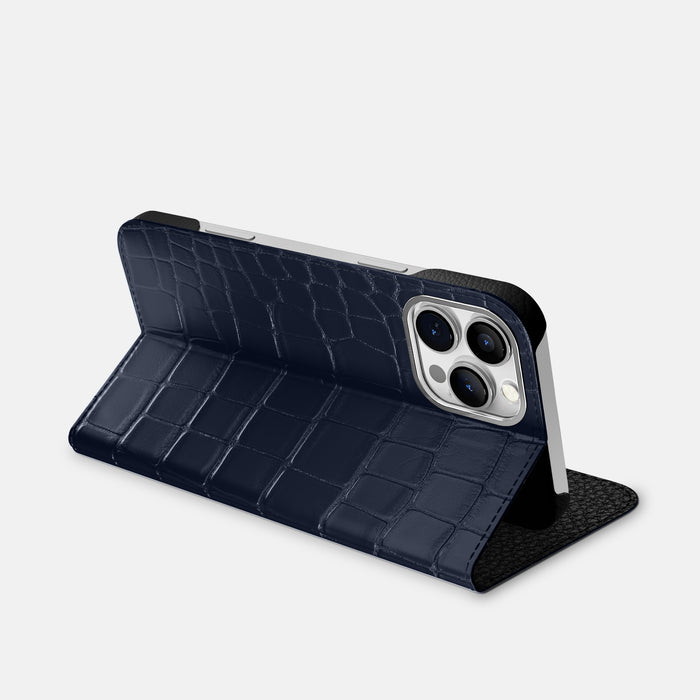 Navy Blue iPhone 16 Pro Folio Case Alligator with Steel Metal -3 | Navy-Blue-Steel