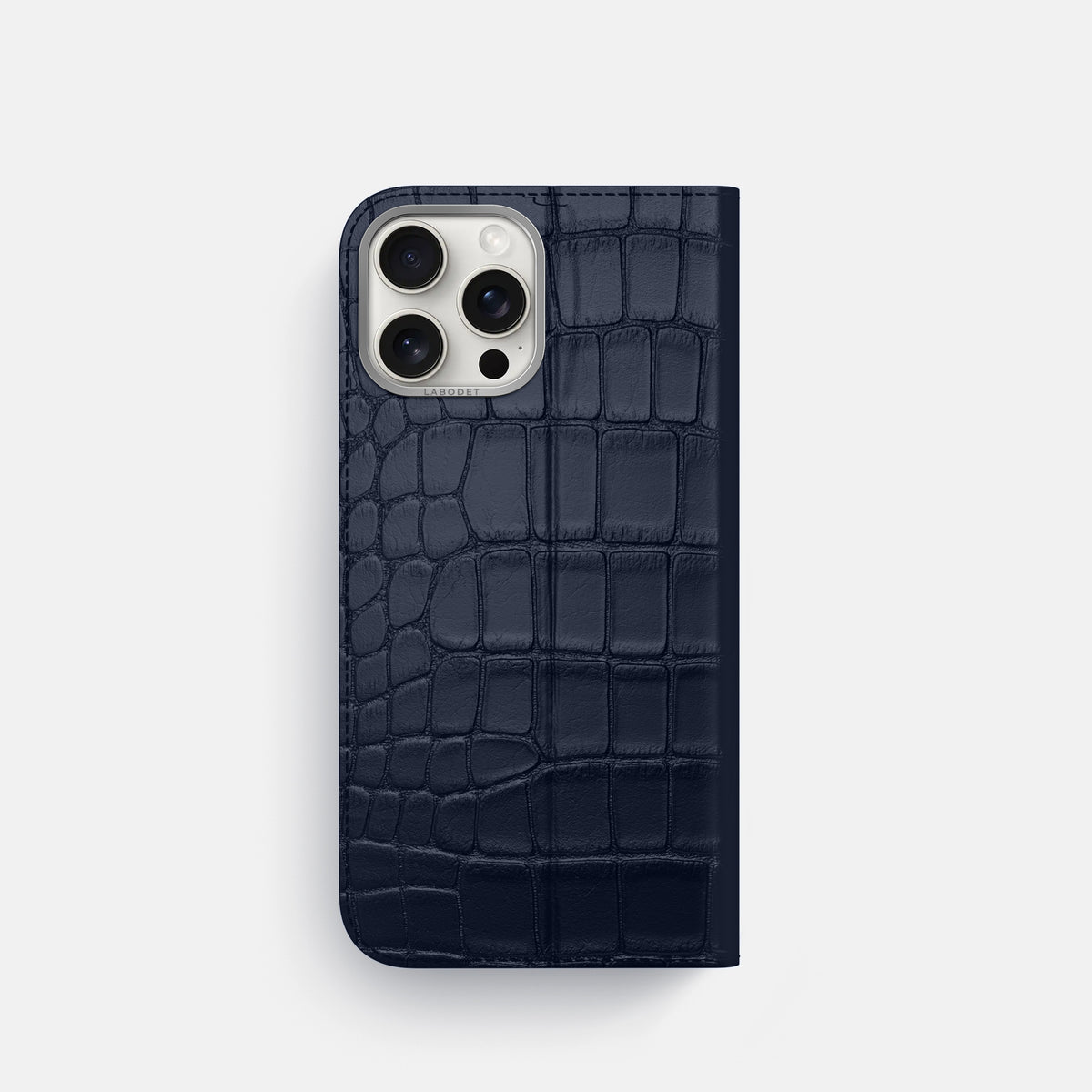 Navy Blue iPhone 16 Pro Folio Case Alligator with Steel Metal -5 | Navy-Blue-Steel