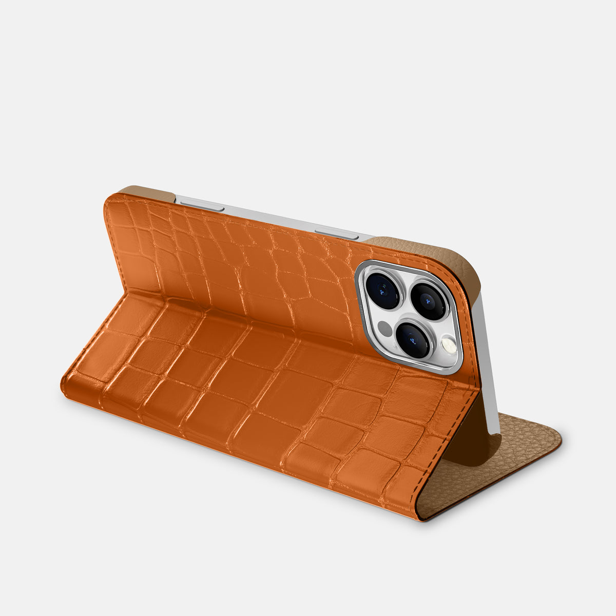 Orange iPhone 16 Pro Folio Case Alligator with Steel Metal -3 | Orange-Steel