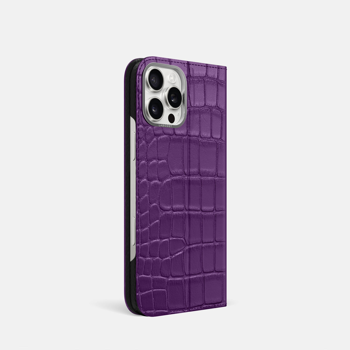 Purple iPhone 16 Pro Folio Case Alligator with Steel Metal -1 | Purple-Steel