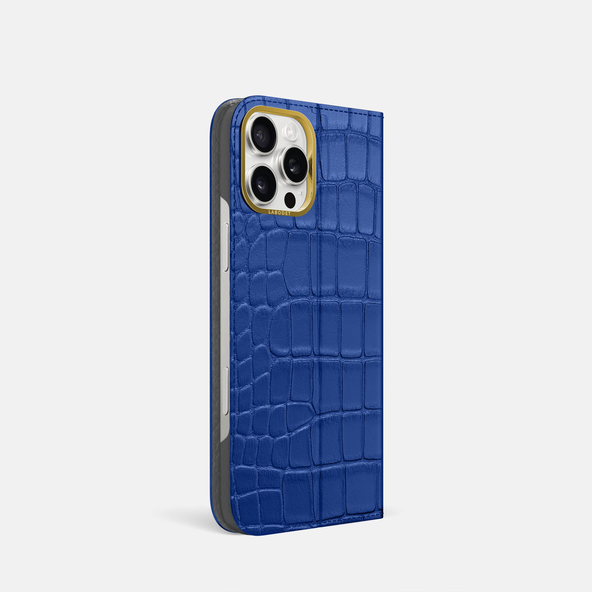 Royal Blue iPhone 16 Pro Folio Case In Alligator with Gold Metal -1 | Royal-Blue-Gold