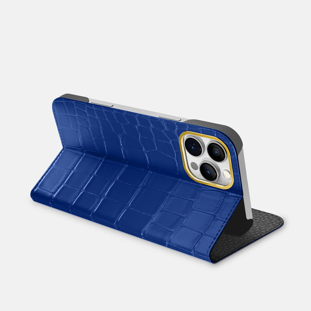 Royal Blue iPhone 16 Pro Folio Case In Alligator with Gold Metal -3 | Royal-Blue-Gold