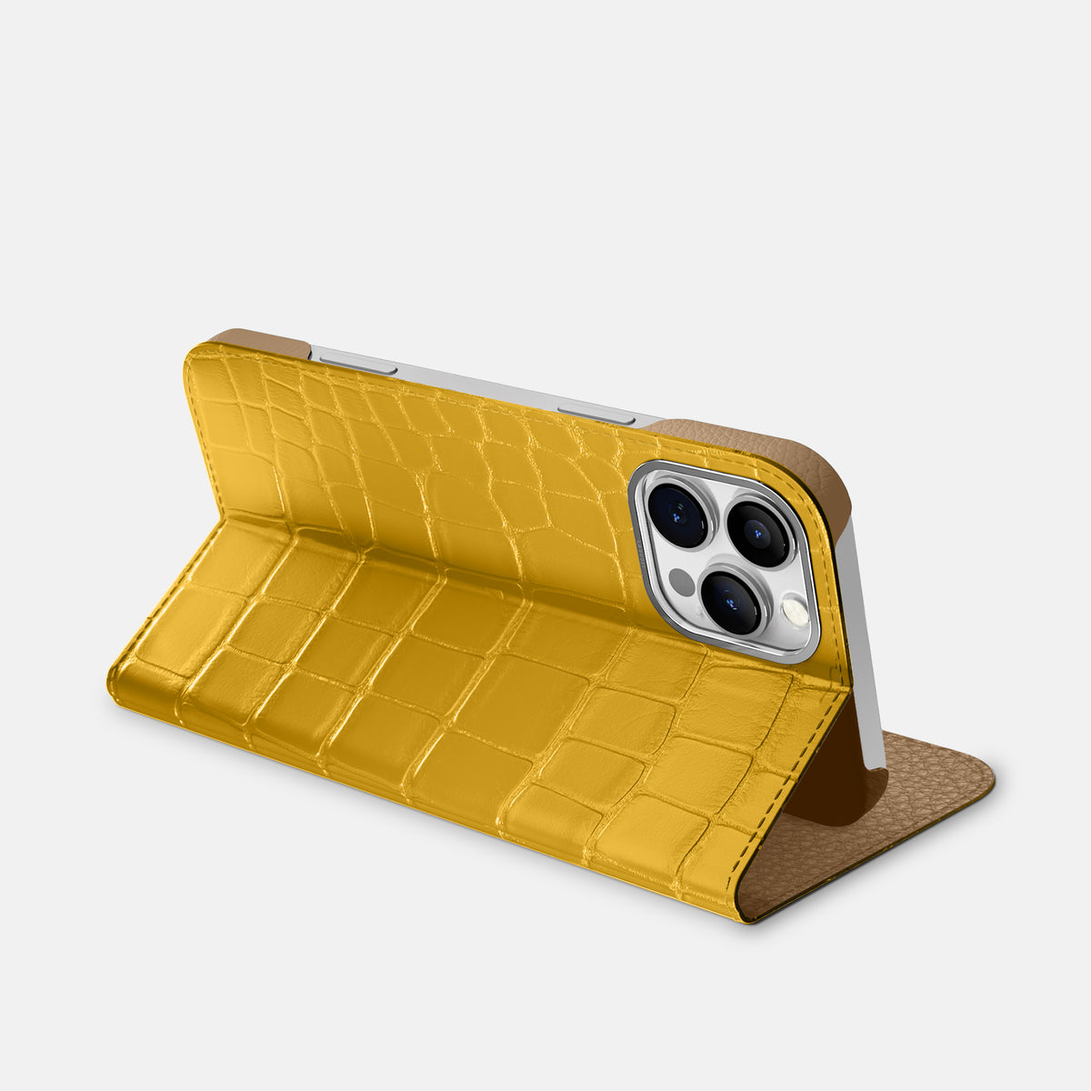 Yellow iPhone 16 Pro Folio Case Alligator with Steel Metal -3 | Yellow-Steel