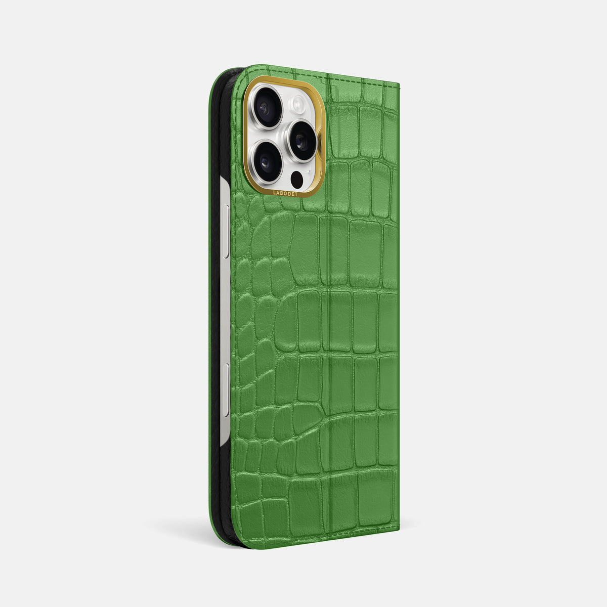 Apple-Green iPhone 16 Pro Max Folio Case In Alligator with Gold Metal -1 | Apple-Green-Gold