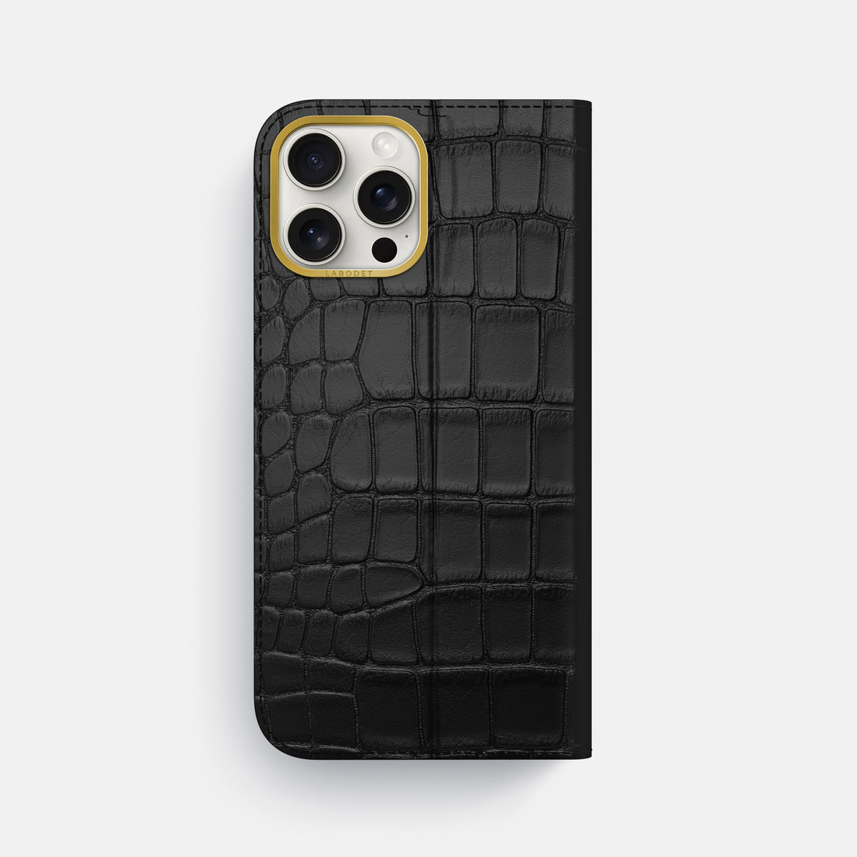 Black iPhone 16 Pro Max Folio Case In Alligator with Gold Metal -5 | Black-Gold