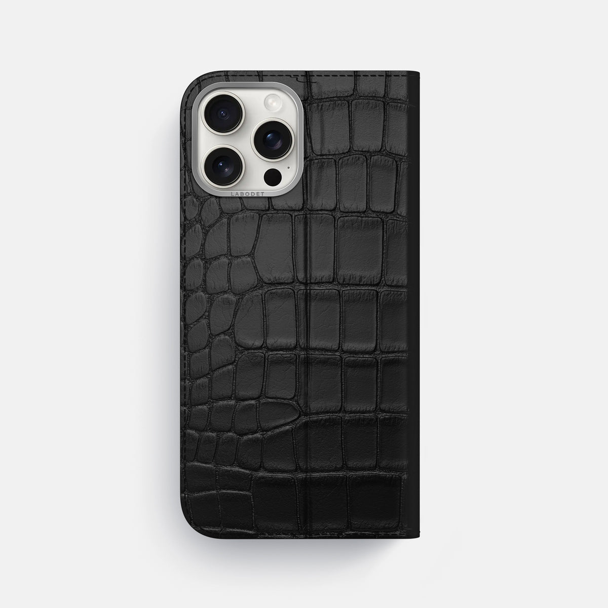 Black iPhone 16 Pro Max Folio Case Alligator with Steel Metal -5 | Black-Steel