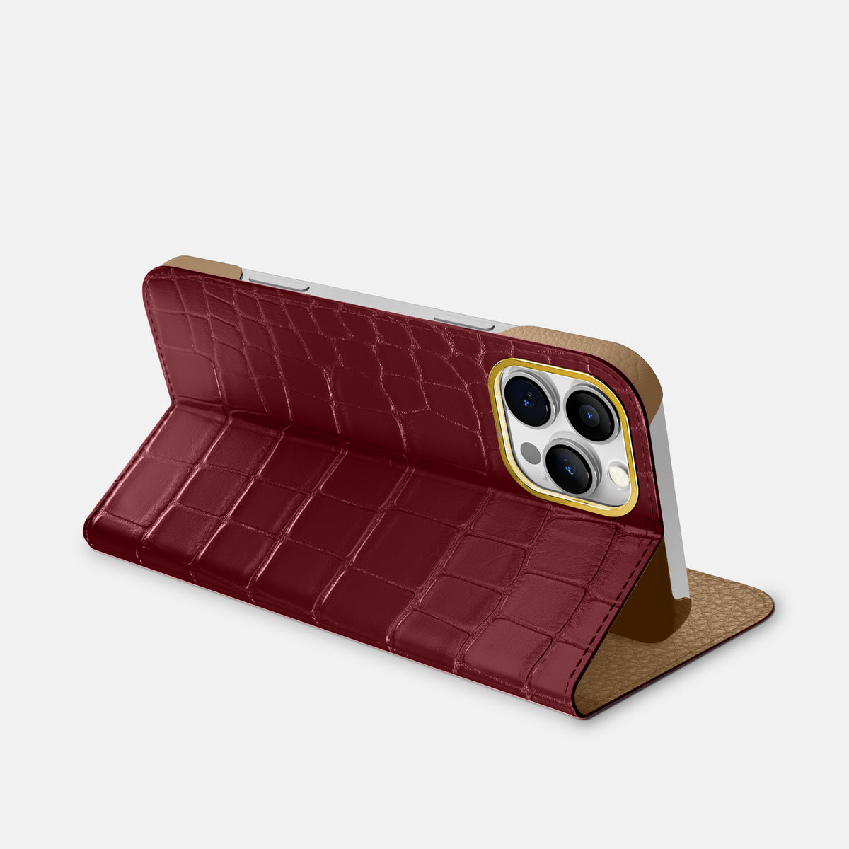 Burgundy iPhone 16 Pro Max Folio Case In Alligator with Gold Metal -3 | Burgundy-Gold