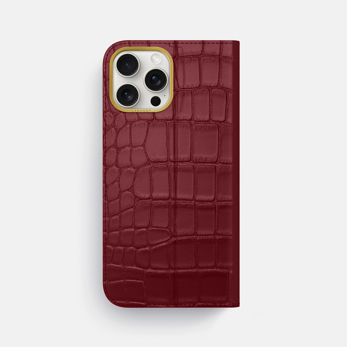 Burgundy iPhone 16 Pro Max Folio Case In Alligator with Gold Metal -5 | Burgundy-Gold