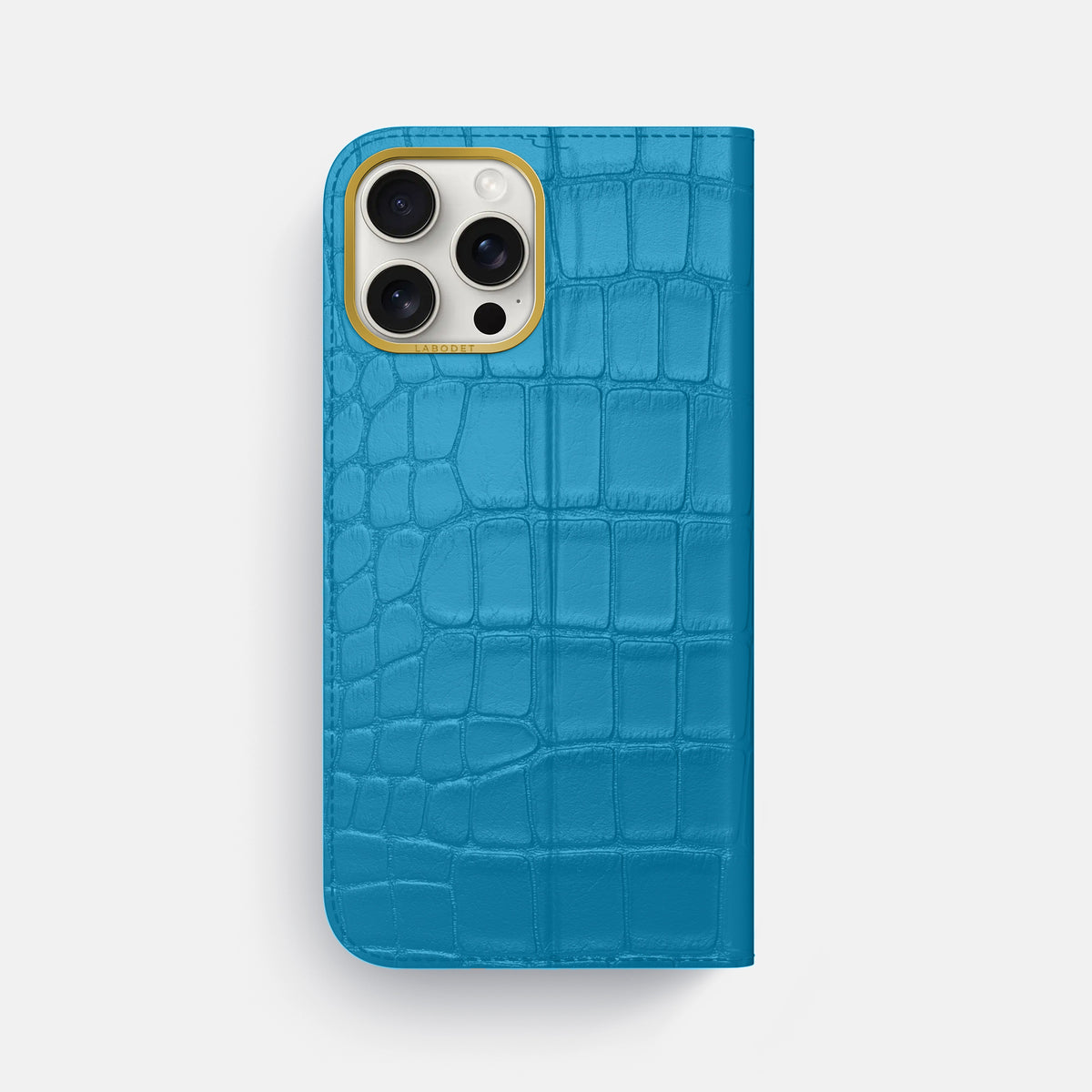 Curaçao-Blue iPhone 16 Pro Max Folio Case In Alligator with Gold Metal -5 | Curaçao-Blue-Gold