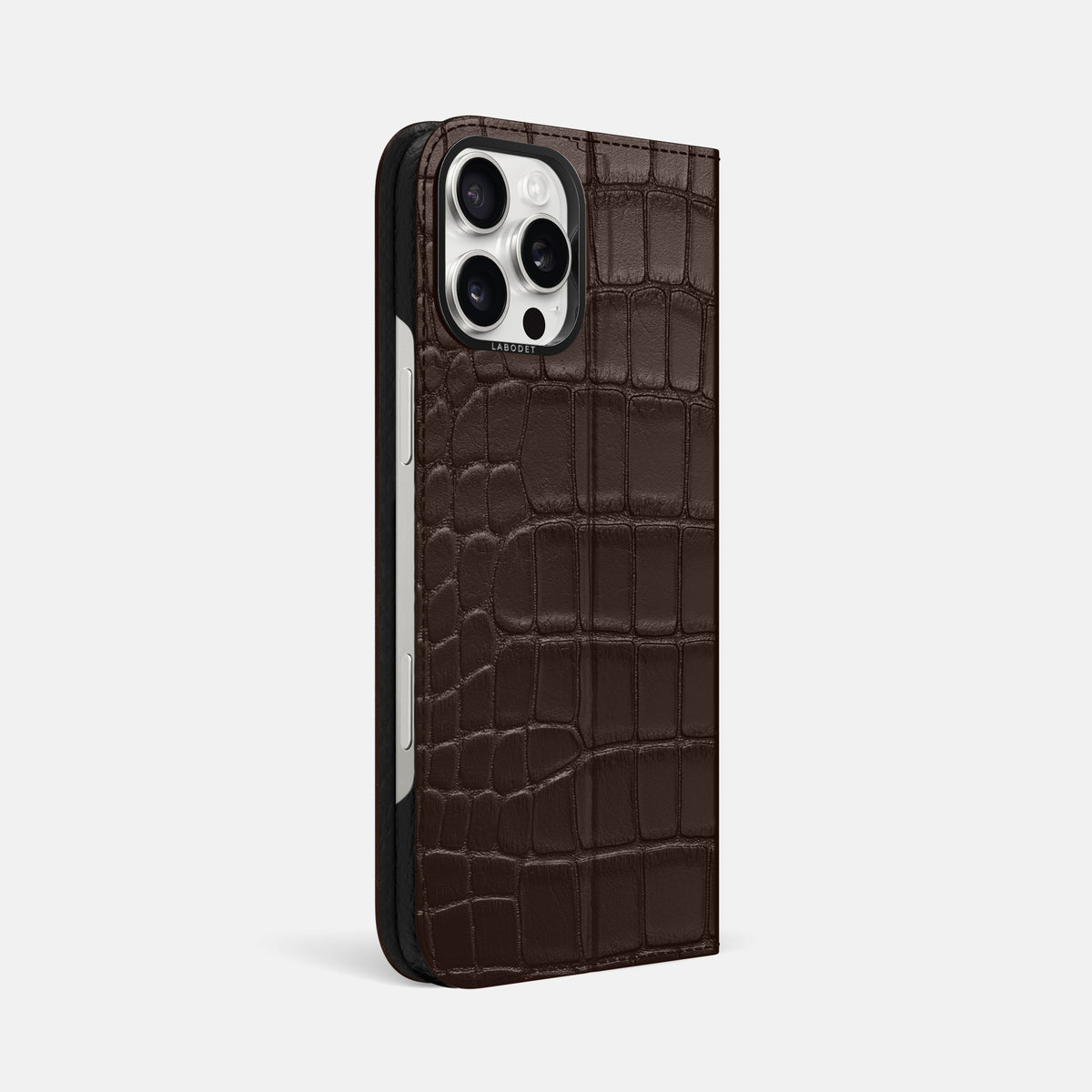 Dark-Brown iPhone 16 Pro Max Folio Case Alligator with Black Metal -1 | Dark-Brown-Black