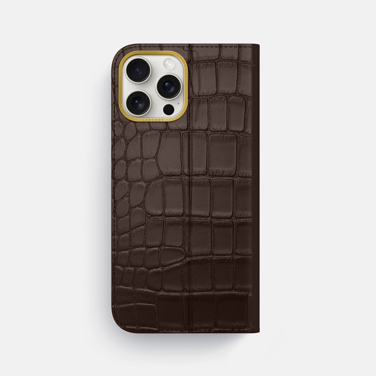 Dark-Brown iPhone 16 Pro Max Folio Case In Alligator with Gold Metal -5 | Dark-Brown-Gold