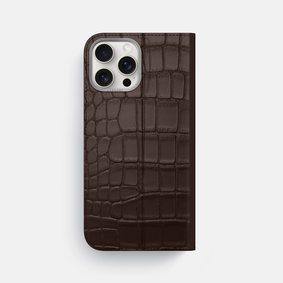 Dark-Brown iPhone 16 Pro Max Folio Case Alligator with Steel Metal -5 | Dark-Brown-Steel